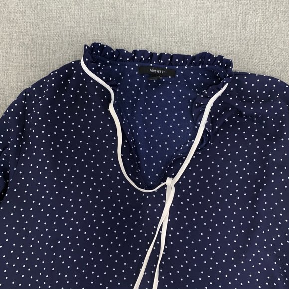 Forever 21 Long Sleeve Pull Over Blouse Navy Blue White Polka Dots Small Ruffled - Picture 2 of 11